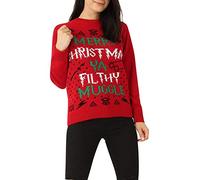 GirlzWalk Unisex Adults Women Men Merry Christmas You Filthy Muggle Print Knit Jumper Christmas Pullover (Red, L/XL = UK 16-18 = EUR 44-46)