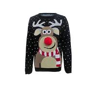 GirlzWalk Unisex Girls Boys Rudolph Knitted Pom Pom Xmas Jumper Black 11-12