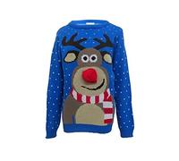 GirlzWalk Unisex Girls Boys Rudolph Knitted Pom Pom Xmas Jumper Blue 5-6