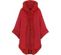 GirlzWalk ® Women Italian Lagenlook Shawl Cardigan Quirky Layering Trim Hooded Faux Fur Wool Lana Cape Poncho (Red, One Size (8-20))