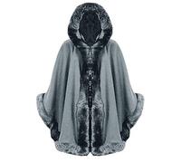 GirlzWalk ® Women Italian Lagenlook Shawl Cardigan Quirky Layering Trim Hooded Faux Fur Wool Lana Cape Poncho (Silver, One Size (8-20))