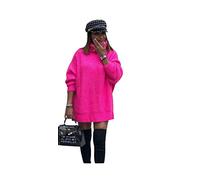 GirlzWalk Women Ladies Chunky Knitted Baggy Oversized Jumper Dress High Polo Roll Neck Top (Hot Pink, 12)