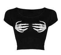 Girlzwalk Women Ladies Halloween Short Cap Sleeve Skeleton Hand Skull Print Crop Top, Black Skull Hands, 20-22