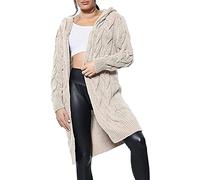 GirlzWalk® Women Ladies Long Sleeve 2 Side Pocket Chunky Cable Knitted Oversize Baggy Open Boyfriend Cardigan Sweater Jumper Top UK Size 8-22 (Stone, 16-18)