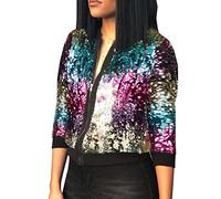 GirlzWalk ® Women Ladies Multicolor Sequin Glitter Bomber Club Dance Party Festival Costume Biker Jacket (Multicolor, ML/UK 12-14)