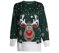 GirlzWalk Women Reindeer Snow Flakes Star Xmas Knitted Jumper Bottle Green