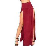 GirlzWalk® Women’s Double Split Long Maxi Skirts Ladies Plain Stretchy Two Side Slit Beach Party Wear Skirt (Wine, 8/10)