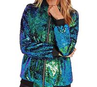 GirlzWalk ® Women’s Ladies Glitter Sequin Bomber Top Biker Festival Clubbing Party Club Jacket (Green, XL 16-18)