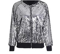 GirlzWalk ® Women’s Ladies Glitter Sequin Bomber Top Biker Festival Clubbing Party Club Jacket (Silver, ML 12-14)