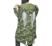 GirlzWalk@ Women Sequince Angel Wings Back Over-Sized Camouflage Print Jacket Coat Cardigan (Khaki Camouflage, ML/UK 12-14)