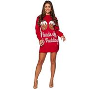 GirlzWalk ® Women Two Reindeer Merry Christmas Knitted Sweater Ladies Novelty Xmas Party Midi Tunic Jumper Dress (Red Pudding, SM/UK 8-10)