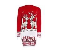 GirlzWalk ® Women Two Reindeer Merry Christmas Knitted Sweater Ladies Novelty Xmas Party Midi Tunic Jumper Dress (Red, XL)