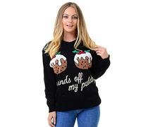 GirlzWalk ® Women Xmas Knitted Hands Off My Puddings Funny Two Cupcakes Christmas Jumper (Black, ML/UK 12-14)