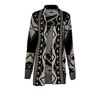 Girlzwalk Women's Aztec Tribal Print Outwear Sweater Ladies Knitted Boyfriend Cardigan, Black & Stone, XL