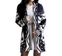 GirlzWalk Women's Aztec Tribal Print Outwear Sweater Ladies Knitted Boyfriend Cardigan, Navy Blue & White, Small