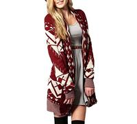 Girlzwalk Women's Aztec Tribal Print Outwear Sweater Ladies Knitted Boyfriend Cardigan, Wine & Stone, Small