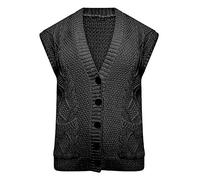 GirlzWalk Womens Cable Knitted Grandad Waistcoat Ladies Sleeveless Pocket Button Cardigan (Black, SM/UK 8-10)