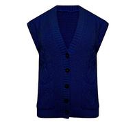 GirlzWalk Womens Cable Knitted Grandad Waistcoat Ladies Sleeveless Pocket Button Cardigan (Navy, XL/UK 16-18)