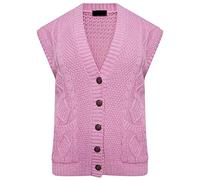 GirlzWalk Womens Cable Knitted Grandad Waistcoat Ladies Sleeveless Pocket Button Cardigan (Pink, ML/UK 12-14)