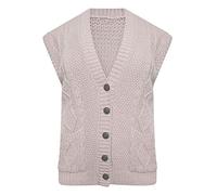 GirlzWalk Womens Cable Knitted Grandad Waistcoat Ladies Sleeveless Pocket Button Cardigan (Stone, ML/UK 12-14)