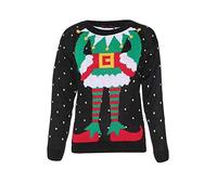GirlzWalk Womens Elf Body Snow Printed Design Novelty Christmas Knitted Jumper Sweater (Black, XL (16-18))