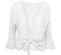 GirlzWalk® Womens Floral Lace 3/4 Sleeve Cardigan Shrug - Ladies Front Tie Up Sequin Bolero Stretch Cropped Top (White, 20-22)