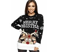 GirlzWalk Women's Knitted Merry Christmas Novelty Pullover Xmas Snowflake Ladies Reindeer Pom Jumper, Black, Small