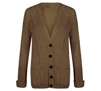 GirlzWalk Womens Ladies Long Sleeves Plus Size Cable Chunky Knitted Grandad Button Cardigan (Brown, ML/UK 12-14)