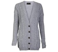 GirlzWalk Womens Ladies Long Sleeves Plus Size Cable Chunky Knitted Grandad Button Cardigan (Light Grey, XL/UK 16-18)