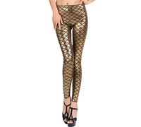 GirlzWalk Women's Ladies Mermaid Fish Scale Print Stretch Metallic Leggings Pants (Gold, XXL/UK 20-22)