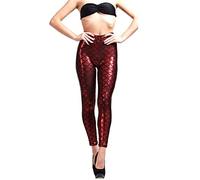 GirlzWalk Women's Ladies Mermaid Fish Scale Print Stretch Metallic Leggings Pants (Red, SM/UK 8-10)