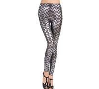 GirlzWalk Women's Ladies Mermaid Fish Scale Print Stretch Metallic Leggings Pants (Silver, XL/UK 16-18)