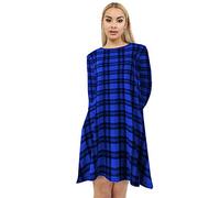 GirlzWalk® Womens Ladies Plain Jersey Bang Tartan Print Long Sleeve Party A Line Skater Flared Swing Dress Tee Top (Blue Tartan, 12-14)