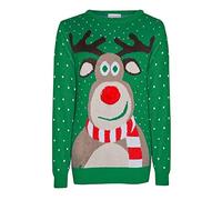 GirlzWalk Womens Ladies Unisex Beautiful Rudolph 3D Nose Pom Pom Christmas Jumper Winter Sweater (Green, XL/UK 16-18)
