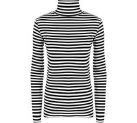 Girlzwalk Women's Monochrome Horizontal Striped Print Polo Cowl Neck Stretch Top, Black / White Stripe, M