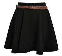 GirlzWalk® Women's Plain Belted Flared Pink Short Mini Skater School Skirt - Ladies Swing Party Skirt (Black, 12-14)