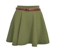 GirlzWalk® Women's Plain Belted Flared Pink Short Mini Skater School Skirt - Ladies Swing Party Skirt (Khaki, 20-22)