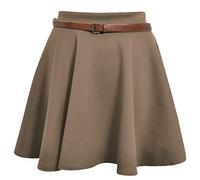 GirlzWalk® Women's Plain Belted Flared Pink Short Mini Skater School Skirt - Ladies Swing Party Skirt (Mocha, 16-18)