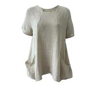 GirlzWalk® Women's Plain Cotton Italian Lagenlook Batwing Blouse Top - Ladies Short Sleeve 2 Pockets Hanky Hem Loose Fit Oversized Shirt (Beige, XL)