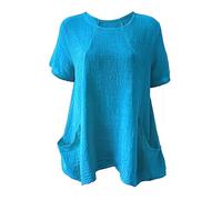 GirlzWalk® Women's Plain Cotton Italian Lagenlook Batwing Blouse Top - Ladies Short Sleeve 2 Pockets Hanky Hem Loose Fit Oversized Shirt (Turquoise, M-L)