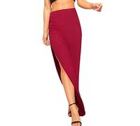 GirlzWalk® Womens Plain Ruched Side Split Skirt - Ladies Celebrity Assymetric Long Maxi Gypsy Boho Pencil Skirts (Wine, Large)