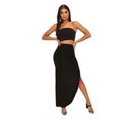 GirlzWalk® Womens Plain Ruched Side Split Skirt - Ladies Celebrity Assymetric Long Maxi Gypsy Boho Pencil Skirts (Black, Large)