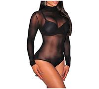 GirlzWalk Women's Sheer Mesh Polo Turtle Neck Bodysuit Ladies Long Sleeve Leotard Bodysuit (SM, Black)