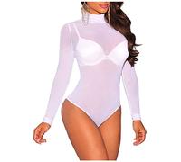 GirlzWalk Women's Sheer Mesh Polo Turtle Neck Bodysuit Ladies Long Sleeve Leotard Bodysuit (SM, White)