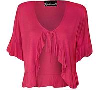 GirlzWalk Womens Short Sleeve Ladies Stretch Frill Front Neck Tie Cropped Plain Cardigan Bolero Shrug Top Plus Size (Cerise, UK - 18)