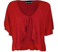 GirlzWalk Womens Short Sleeve Ladies Stretch Frill Front Neck Tie Cropped Plain Cardigan Bolero Shrug Top Plus Size (Red, UK - 16)