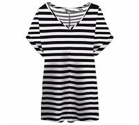 GirlzWalk Women's Turn Up Short Sleeve Plain Printed Ladies V Neck Loose Baggy Fit T-Shirt Top (Horizontal Stripe, XL 16-18)