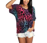 GirlzWalk Women's Turn Up Short Sleeve Plain Printed Ladies V Neck Loose Baggy Fit T-Shirt Top (Leopard Pink Blue, XL 16-18)