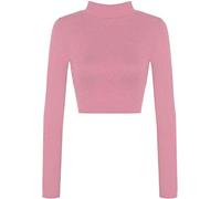 GirlzWalk® Womens Turtle Neck Crop Top - Ladies Long Sleeve Casual Plain Polo Short Stretch Top (Baby Pink, 8-10)