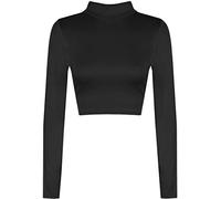 GirlzWalk® Womens Turtle Neck Crop Top - Ladies Long Sleeve Casual Plain Polo Short Stretch Top (Black, 8-10)